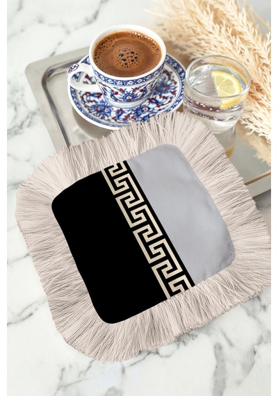 Yunan Motifli Saçaklı Sunum Peçetesi - Lüks Klasik Modern Siyah Altın Renkli Bardak Altlığı Mendil Soft Gece Vişne