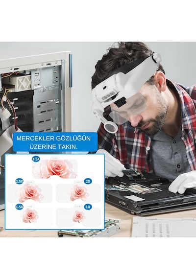 Hymark Kafa Bandı Mg82000mc Büyüteç Gözlük Led Işıklı Şarjlı Pil Çoklu Değiştirilebilir Lens Ayarlanabilir