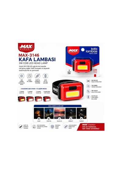 Zmax Energy Max-3146 Kafa Lambası Fener 4.5v 3w Cob Led 120lümen 3-kademe Işık Ayarı- Flaşör Pilli - 12'li Paket