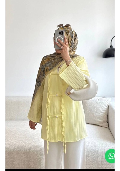 By Nursel Çiçek Kadın Premium Kruvaze Yaka Dügme Detaylı Tunik-kimono Sarı