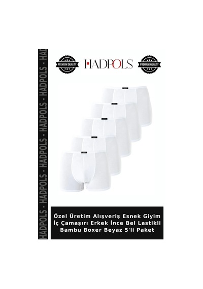 Hadpols Özel Üretim Alışveriş Esnek Giyim İç Çamaşırı Erkek İnce Bel Lastikli Bambu Boxer Beyaz 5'li Paket