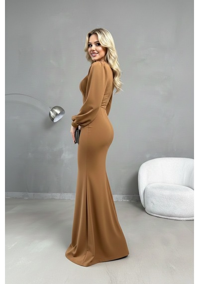 Defymoda Kadın Seçkin Tarz Balık Elbise Kahverengi