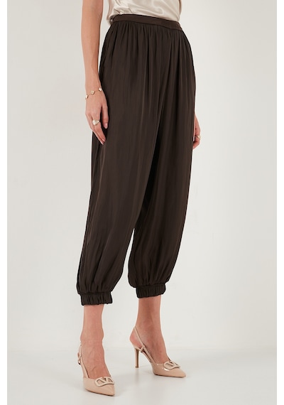 Lela Comfort Fit Yüksek Bel Lastikli Paça Saten Bayan Pantolon 68351217 Kahve