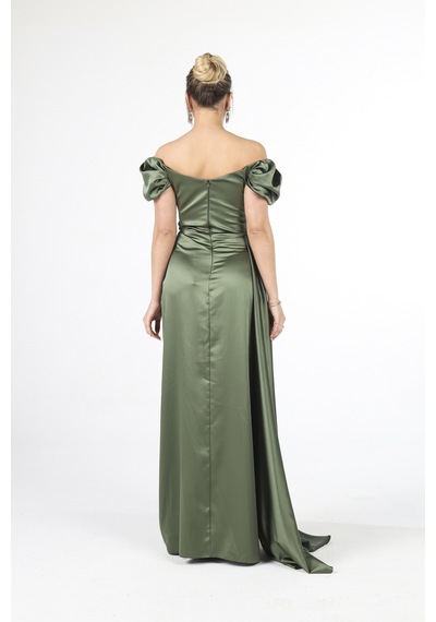 Feminist Haki Drape Detaylı Saten Kumaş Abiye Elbise 9704858.23 Haki