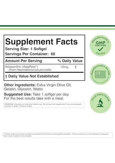 Double Wood Astaxanthin 12mg Max Strength Eye Skin Health 60 Softgels
