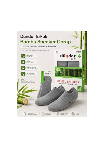 Dündar Çorap 12 Li Erkek Bambu Sneaker 4 Mevsim Nefes Alan Yumuşak Spor Ayakkabı Çorabı Gri