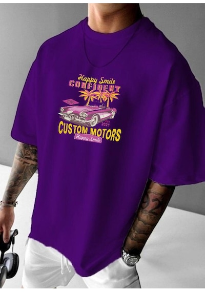 Custom Motor Baskılı Oversize Tişört Mor