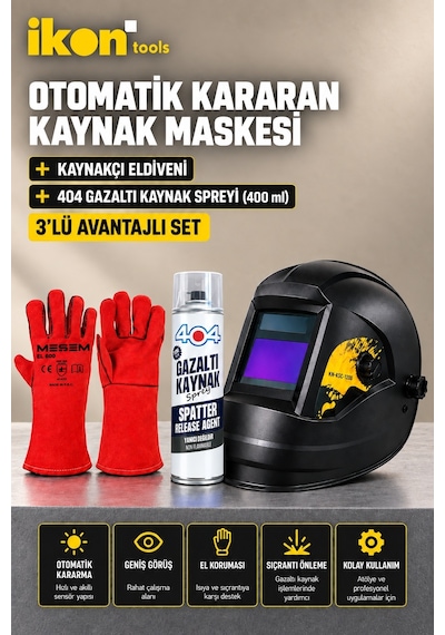 İkon Tools Otomatik Kararan Kaynak Maskesi Tıg Mıg Mma Plazma Uyumlu Dın 4-9/13 + Kaynakçı Eldiveni + 404 Gazaltı Kaynak Spreyi 400 Ml - 3 Lü Kaynak Seti