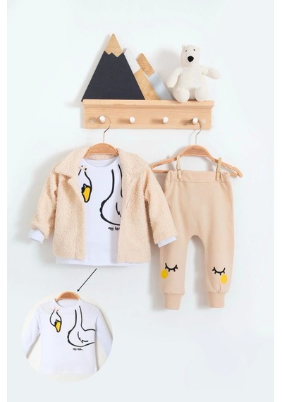 Babydonat Peluş Hırkalı 3'lü Kız Bebek Takım Krem