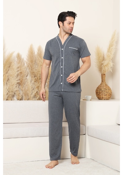 Enisena Erkek Boydan Düğmeli %100 Pamuklu Pijama Takımı 12385 Füme