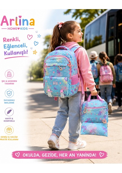 Kore Model 3 Lü Set Su Geçirmez Kız Çocuk Çantası Mavi-pembe Çanta-beslenme-kalemlik Seti Pembe - Mavi