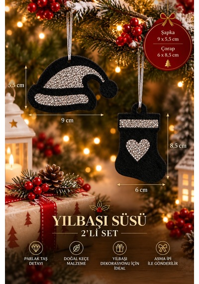 Taşlı Keçe Yılbaşı Süsü 2 Li Set Çift Taraflı Işıltılı Dekor 4 Renk Seçenekli Siyah