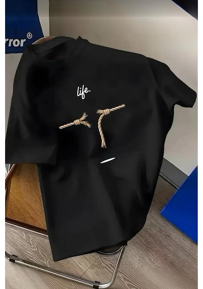 Life Design Minimalist İllüstrasyon Baskılı Unisex Oversize Tişört SIYAH