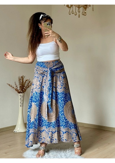 Azra Butik Otantik Desenli Etek Mavi