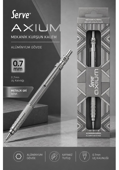 Serve Axium Mekanik Kurşun Kalem 0.7 Mm Alüminyum Gövde - Metalik Gri Çok Renkli