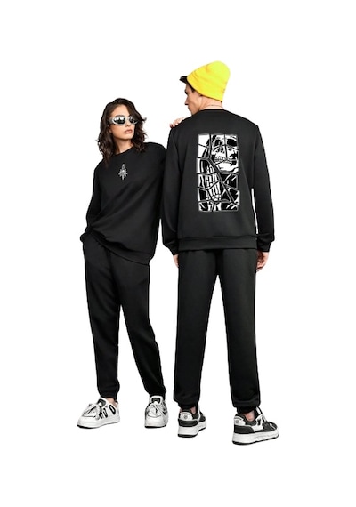 Uyguntarz Unisex Skullcracked Baskılı Bisiklet Yaka Eşofman Takımı Siyah