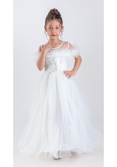 Mnk Baby & Kids Uzun Etek Kız Çocuk Robası Şifon Abiye M00723 Beyaz