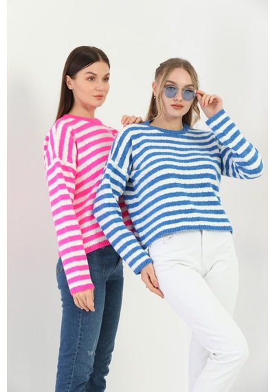 Youknitwear You Angora Çizgili Kazak Pembe