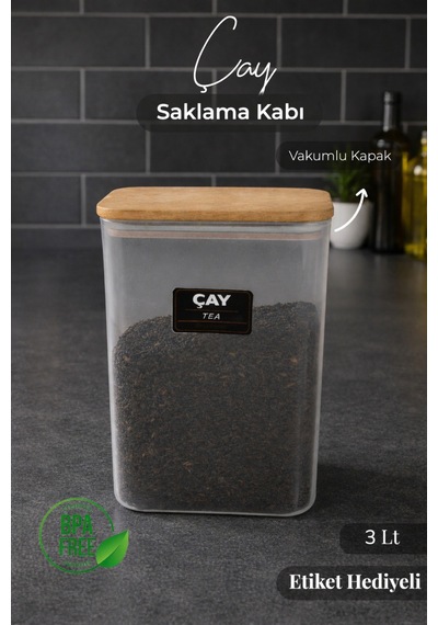 Ahşap Vakumlu Kapaklı Akrilik Çay Saklama Kavanozu Saklama Kabı Ve Kutusu 3 Litre Etiket Hediyeli Şeffaf