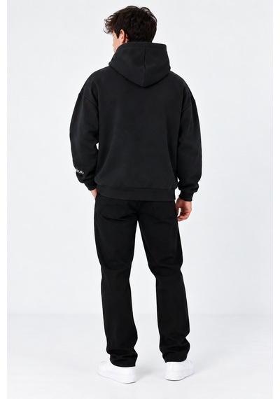 We&me Oversize Geniş Kalıp Baskılı Kapüşonlu Erkek Sweatshirt Siyah