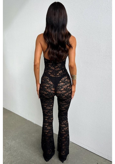 Lace Jumpsuit With Skinny Flared Legs Black Siyah