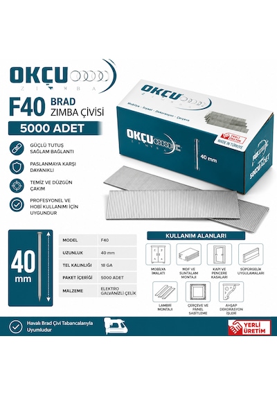 Okçu F40 Brad Havalı Zımba Çivisi 5000 Adet 40 Mm