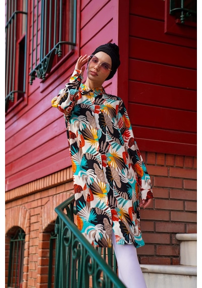 Polologin Butik Canlı Renkli Tropikal Desenli Tunik Turkuaz Turuncu Beyaz