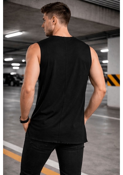 Erkek Kolsuz Regular Fit Basic Atlet Yan Yırtmaçlı Pis Yaka Tişört Siyah