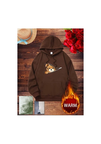 Medinenur Fermuar Desenli Kedili Kapüşonlu Oversize Sweatshirt Kahverengi
