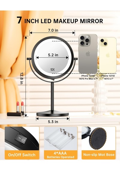 Işıklı Makyaj Aynası, 1x/10x Büyüteçli Led Makyaj Aynası, 7 İnç Ayaklı Kozmetik Ayna Pille Çalışan Akülü Genel