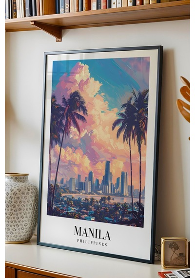 Manila Philippines Vintage Seyahat Posteri Çerçeveli Tablo - Premium Egzotik Şehir Duvar Dekoru Siyah