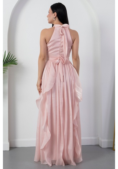 Kalopya Halter Yaka Eteği Fırfırlı Saten Elbise Eli6073 Pembe