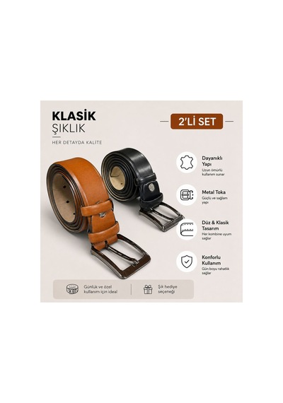 Recossa Erkek Klasik Kemer Kumaş 2'li Set Taba - Siyah Taba - Siyah