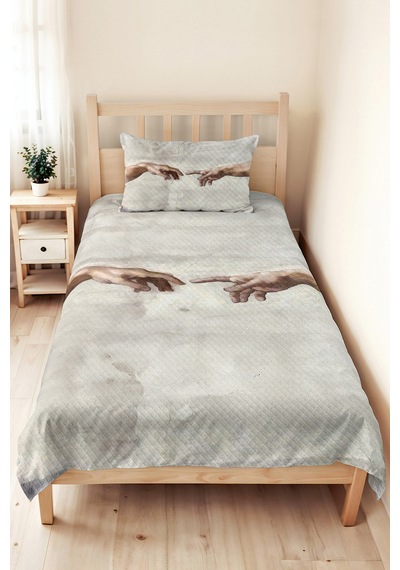 Sanatsal Dokunuş Genç Odası Tek Kişilik Pike Takımı - Adem'in Yaratılışı 160x220 Cm Yatak Örtüsü Naif Sepet Demi