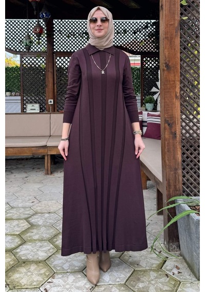 Rabia Şamlı Biricik Kemerli Triko Elbise Acı Kahve Normal