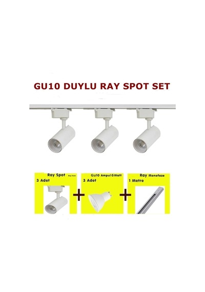 Mini Ray Spot 3'lü Set Gu-10 Duylu Beyaz Kasa Sarı Işık 3 Spot Lamba + 1 Mt Ray + 3 Gün Işığı Gu10 Led Ampul