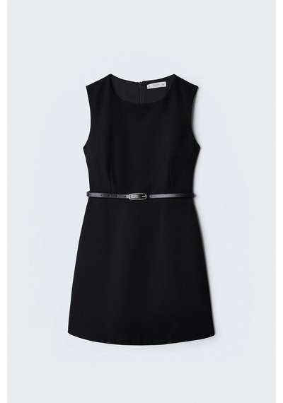 Sateen Kemerli Mini Elbise - Siyah-137569