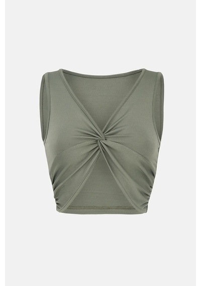 Hiccup Düz Renkli Fitilli Ön Kıvrık Crop Top Haki Yeşil