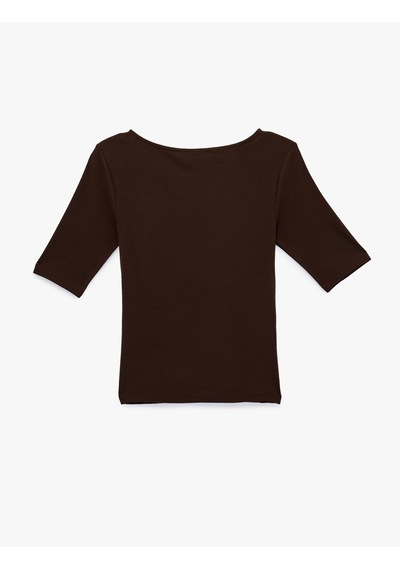 Koton Pamuklu Kayık Yaka Yarım Kollu Slim Fit Tişört Kahverengi 6sak50012ek Kahve