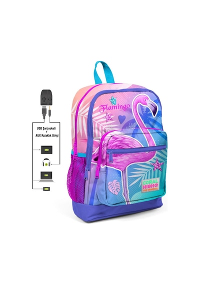 Coral High Pembe-mavi Flamingo Baskılı İlkokul ve Günlük Sırt Çantası USB ve AUX Soketli