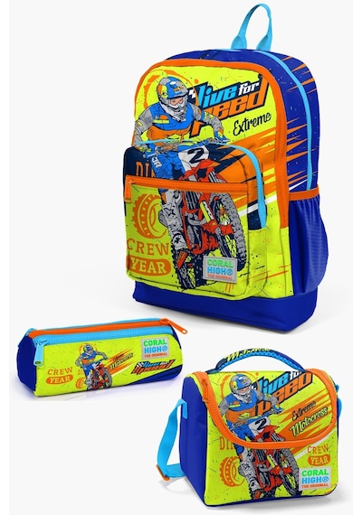 Coral High Kids Fosforlu Sarı Saks Motorsiklet Desenli Okul Çanta Seti Set0123742