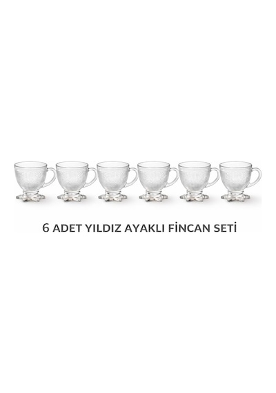 Tr 6'li Cam Çay Fincanı Seti 210 Ml Yıldız Ayaklı Kendinden Desenli Kulplu Çay,kahve Fincanı Takımı Şeffaf Genel