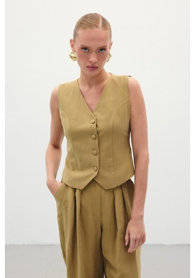 Sateen Keten Yelek - Haki-136284 Haki