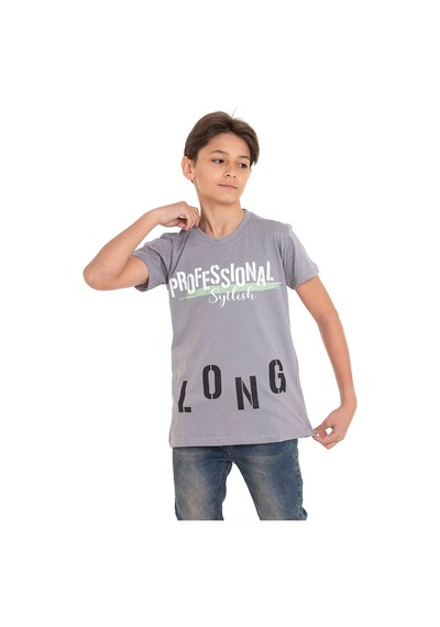Gri Long Baskılı Bisiklet Yaka 13-16 Yaş Tişört 2012-1 Gri