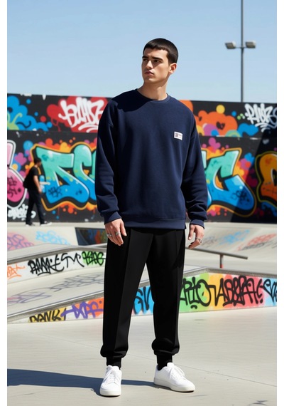Benerly Erkek Bisiklet Yaka Düşük Kol Oversize Slogan Desenli Sweatshirt Lacivert