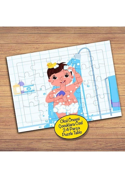 Banyo Yapan Erkek Çocuk 24 Parça Çocuklara Özel Yapboz Tablo-126