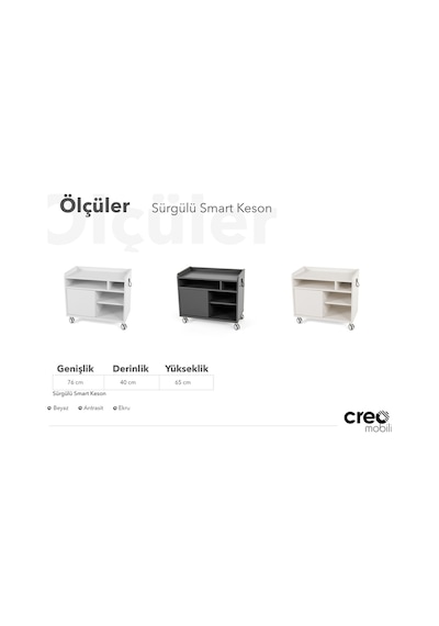 Creo Mobili Sürgü Kapaklı Organizer Smart Keson, Frenli Tekerlekli Ofis Ve Ev Komodini, Beyaz