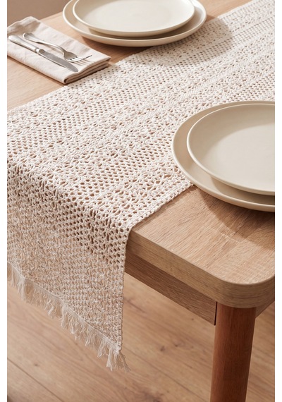 Krem Popillon Pamuklu Püsküllü Runner 35x145 Cm