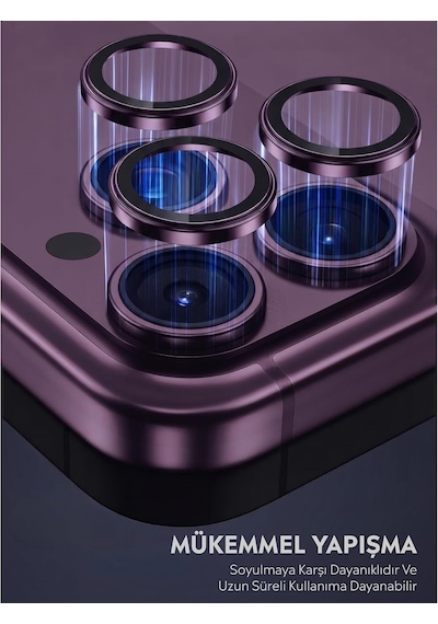 İphone 14 Pro / 14 Pro Max İle Uyumlu Kamera Lens Koruyucu Alüminyum Alaşım Çerçeveli Telefon Lensi Temperli Cam Koruma Mor