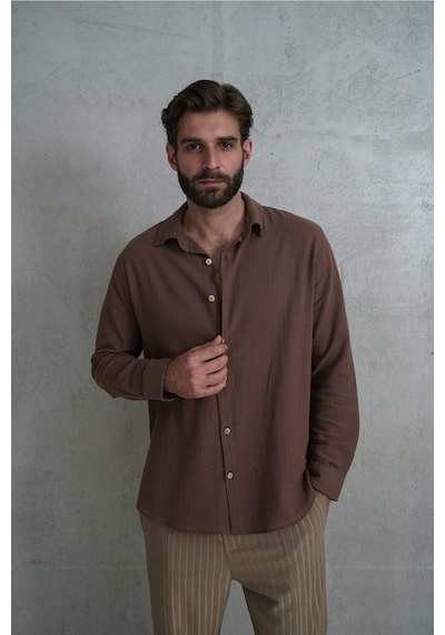 Mai Collection Mai Studios Co. Wesley Erkek Oversize Krinkıl Kahve Gömlek Kahve